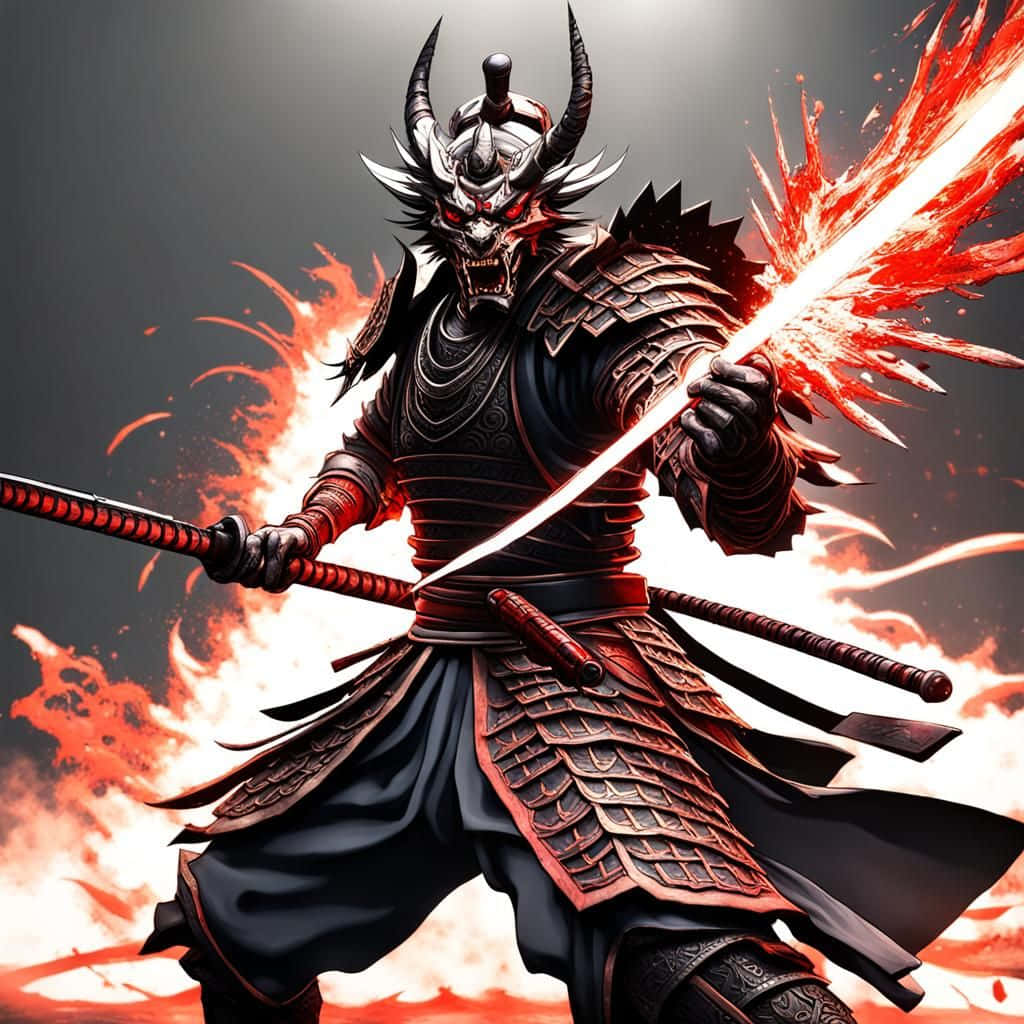  壁紙 — 一個惡魔般的武士戰士穿著華麗的黑色盔甲，在黑暗背景中揮舞著發光的劍，周圍是熾熱的紅色能量爆發。