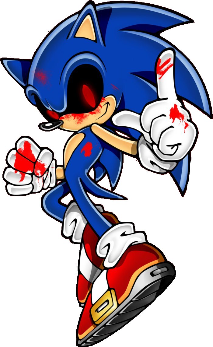 恐懼版索尼克 E X E 藝術圖 壁紙 — 索尼克（Sonic the Hedgehog）滿臉鮮血、手套沾血，在濺滿黑白背景上挑釁地豎起中指。