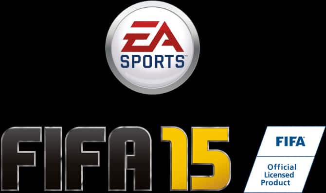 EA Sports FIFA 15官方授權產品標誌 壁紙 — 黑色背景上的 FIFA 15 電子遊戲標誌，帶有 EA Sports 標誌和 FIFA 官方授權產品徽章。