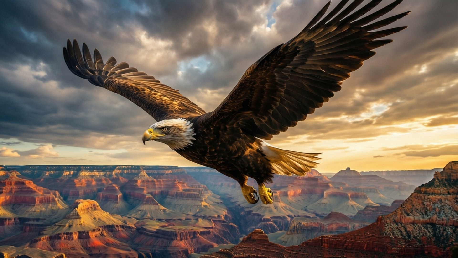 Eagle Over Grand Canyon 壁紙 — 一隻白頭鷹展翅翱翔，在金色夕陽照耀下的廣闊層狀峽谷上空盤旋。