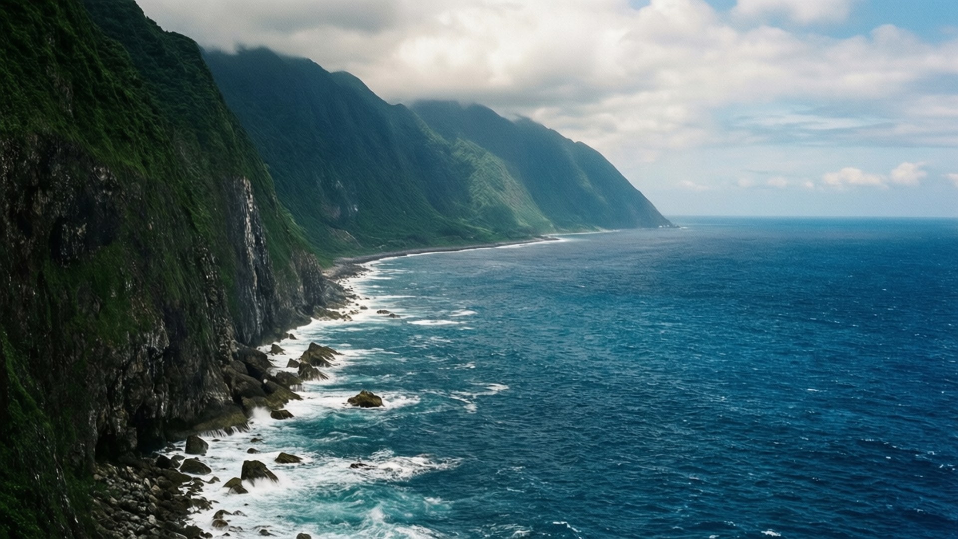 陡峭的綠色懸崖與深藍色的海浪在岩石海岸上撞擊，天空部分多雲