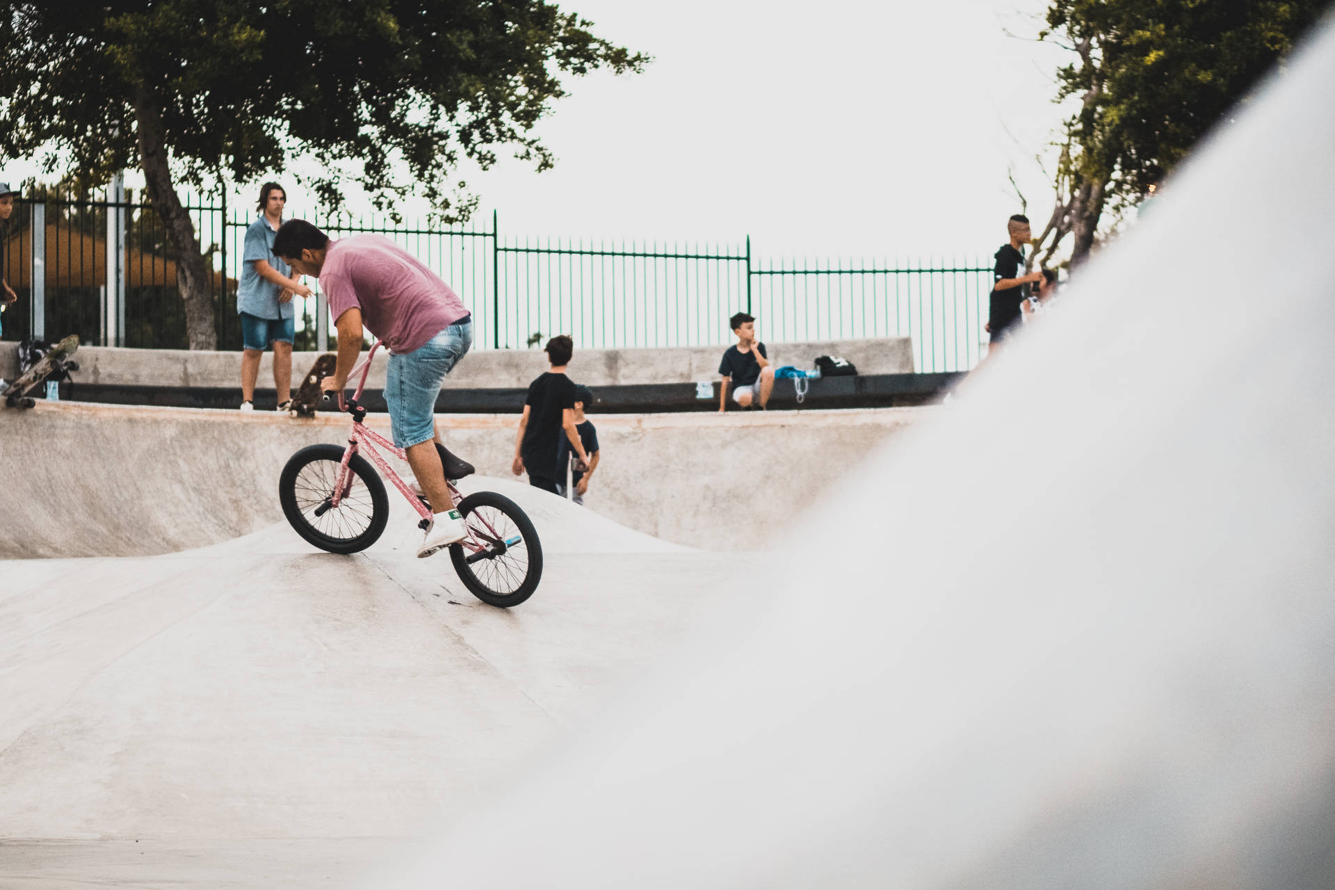 青少年在混凝土滑板公園騎粉紅色BMX單車，朋友在觀看。