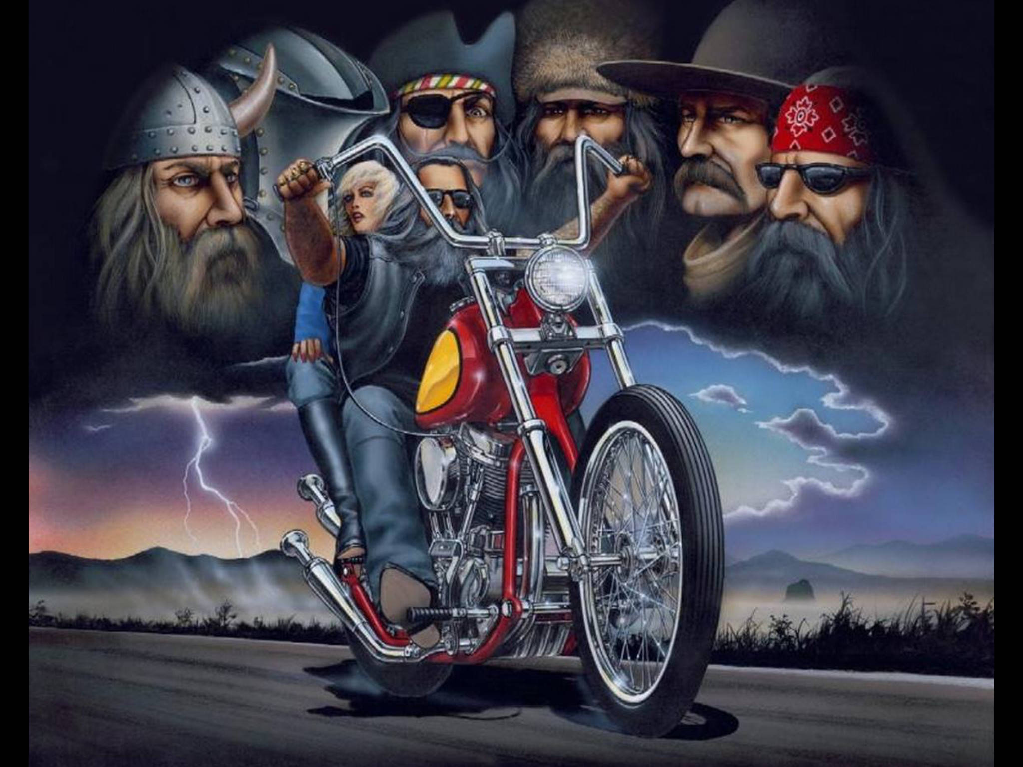 《Easy Rider》騎士男子 壁紙 — 一對電單車情侶在雷電交加的暴風雨天空下騎著紅色chopper電單車，身後雲層中隱現著鬼影般的電單車手。