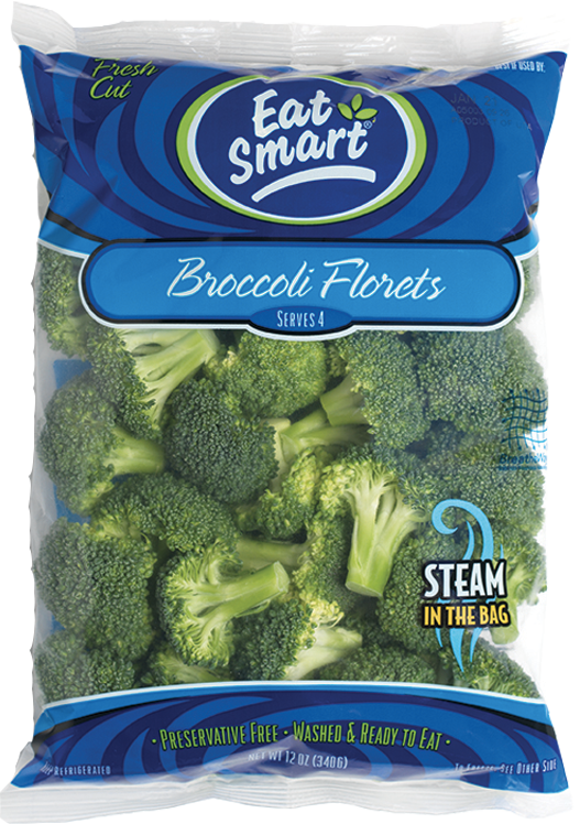 Eat Smart 新鮮西蘭花塊包裝 壁紙 — 一個透明塑膠袋裝滿鮮綠色西蘭花小朵，品牌為 'Eat Smart'，藍色包裝並印有 'Steam in the Bag' 字樣。