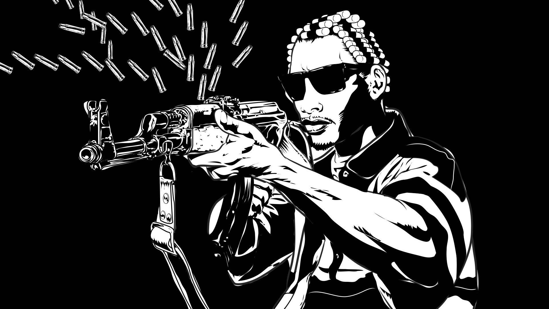 Eazy-E 射擊 壁紙 — 一個風格化的黑白插圖，描繪一個梳著玉米辮的男人在黑暗背景下發射機槍，子彈從槍口爆炸出來。
