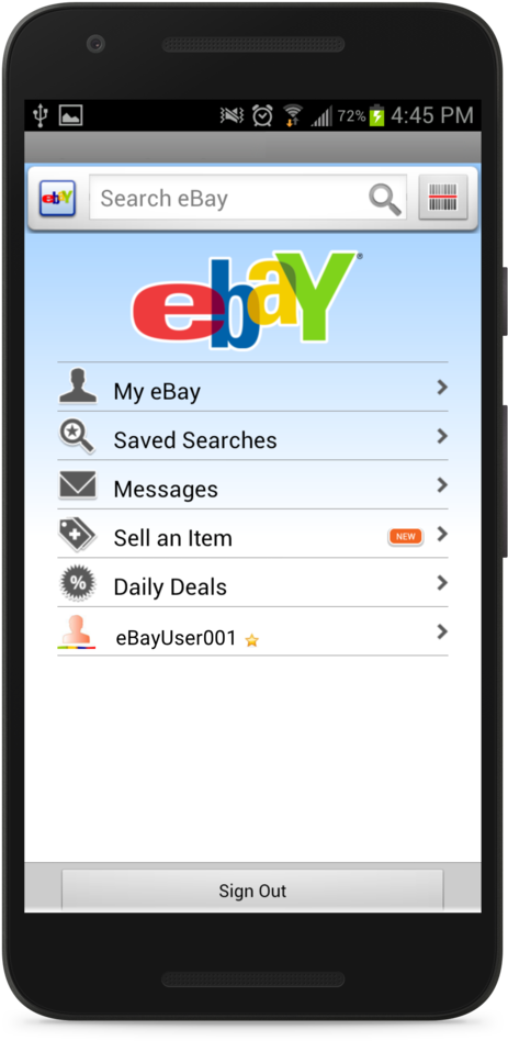 eBay手機應用程式截圖 壁紙 — 一部智能手機在淺藍色漸變背景上顯示eBay應用程式的主選單，包含「我的eBay」和「出售物品」等選項。