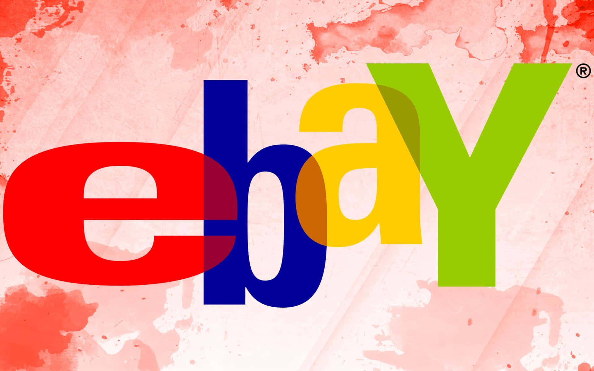 eBay UK 標誌配紅色抽象背景 壁紙 — 色彩繽紛的eBay標誌在帶有飛濺效果的紋理粉紅色水彩背景上顯得大膽突出。