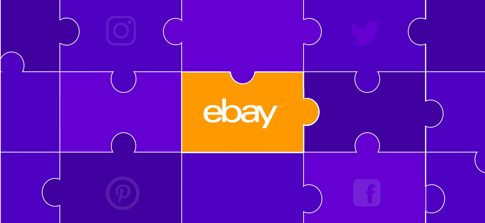 eBay 紫色拼圖 壁紙 — 一個紫色拼圖，帶有社交媒體圖標和中央的橙色 eBay 拼塊。