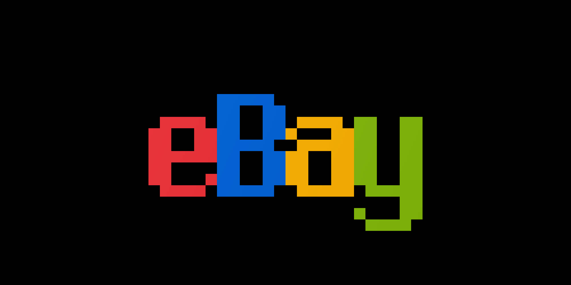 eBay 像素風格標誌 壁紙 — 在純黑色背景上以彩色像素化塊狀字母呈現的eBay標誌。
