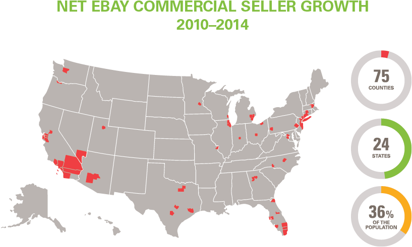 eBay商業賣家2010至2014年美國成長地圖 壁紙 — 一張美國深色地圖，上面有紅點標記2010年至2014年eBay商業賣家的增長情況。