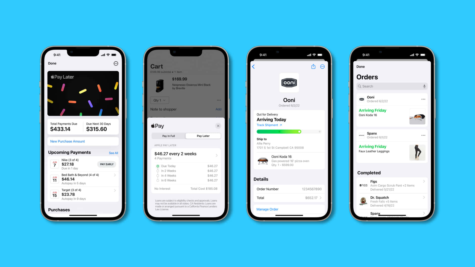 四部手機在藍色背景上顯示 Apple Pay 和訂單畫面。
