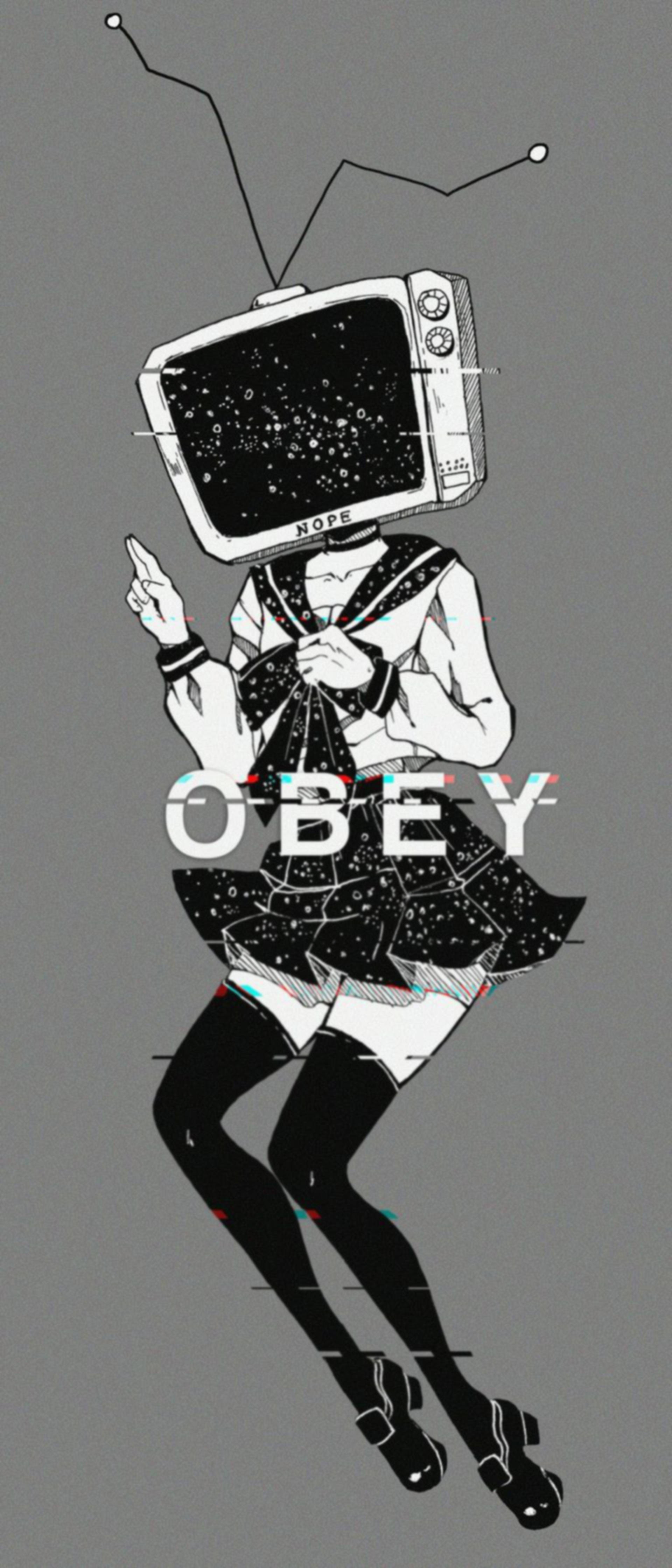 電視頭 Echo 故障效果 壁紙 — 一個風格化的女孩穿著水手服，頭部是一個復古電視機，顯示星星和「希望」一詞，同時向上指。