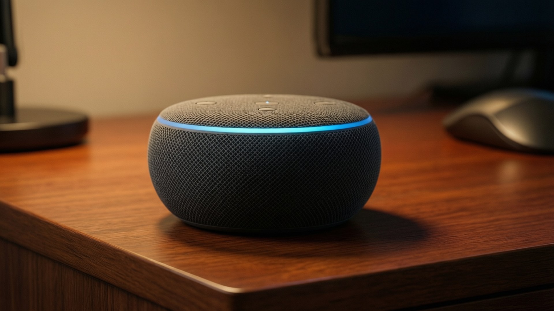 Echo Dot 木桌靜置 壁紙 — 一個帶有發光藍色環的黑色智能揚聲器放在木桌上，旁邊有電腦滑鼠和顯示器。