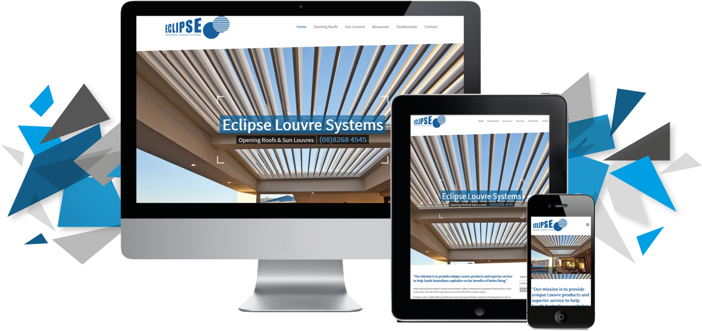 Eclipse Louvre Systems 響應式設計 壁紙 — 現代網站顯示在桌面、平板和手機上，藍灰色幾何碎片從兩側迸出。