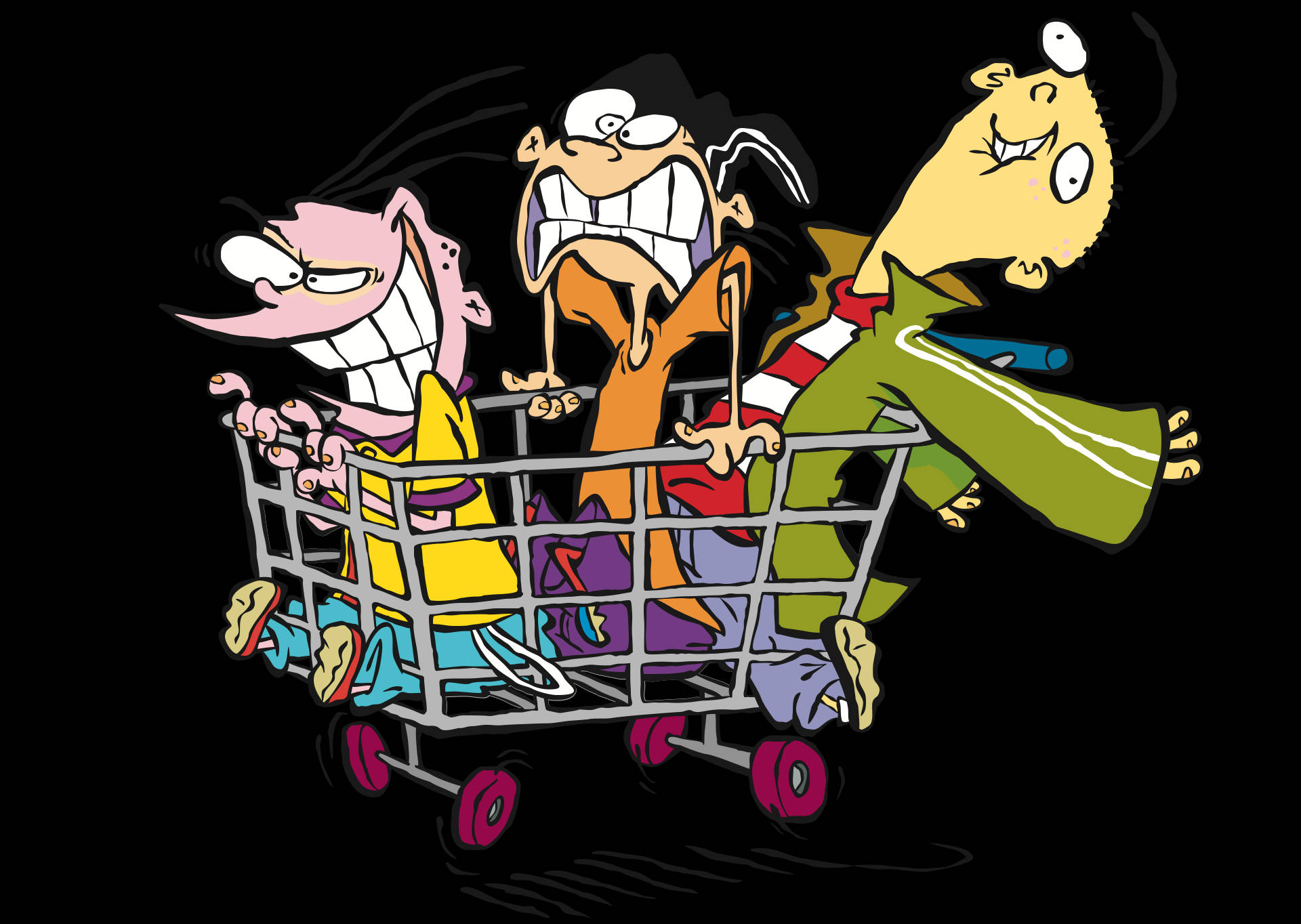 Ed Edd Eddy 購物車 壁紙 — 三個卡通小孩誇張表情擠進購物車，黑色背景。