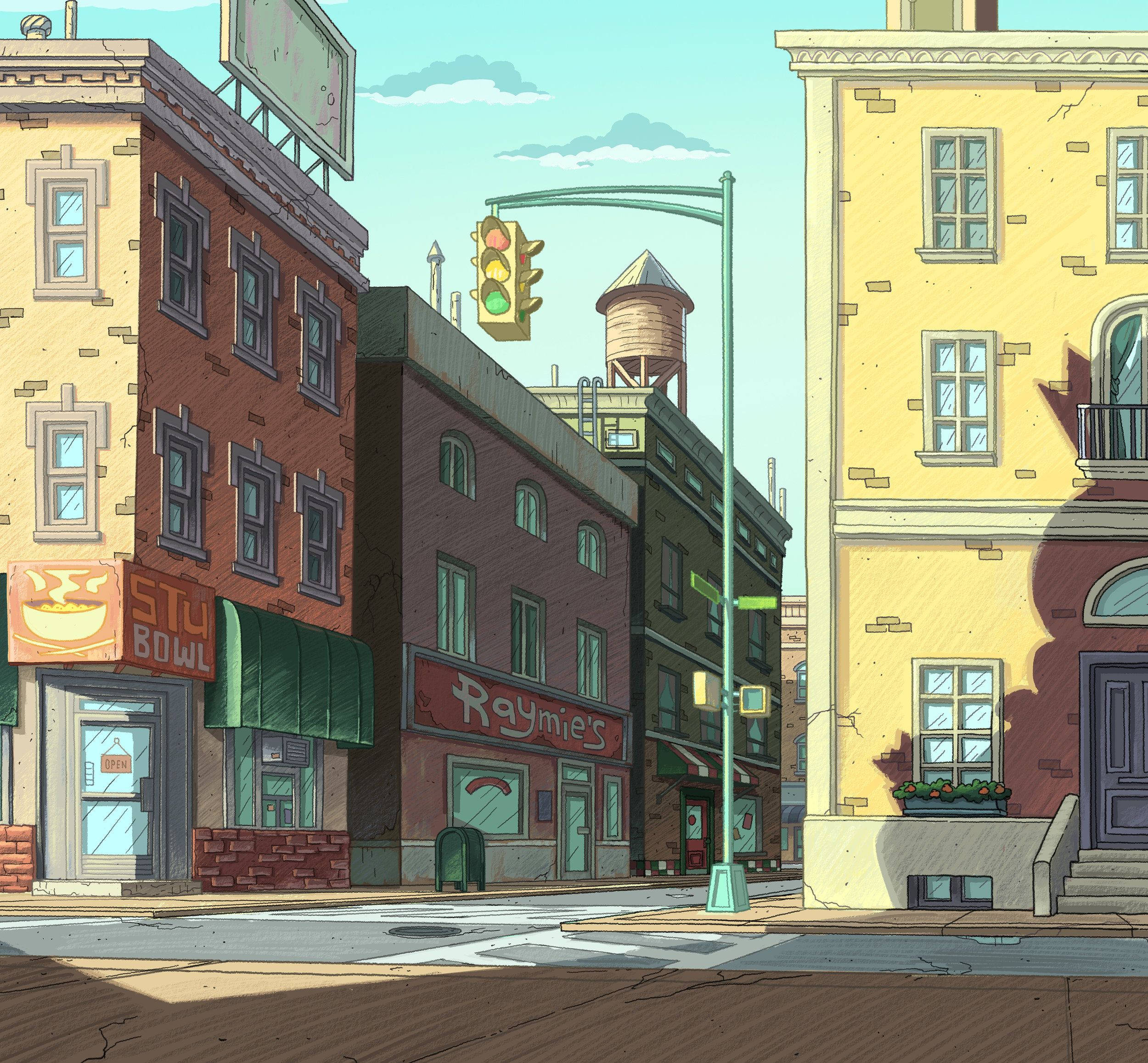 Ed Edd Eddy 城市景觀 壁紙 — 陽光明媚的城市街角，有復古磚砌建築、水塔和發光的交通燈，在晴朗的藍天下。