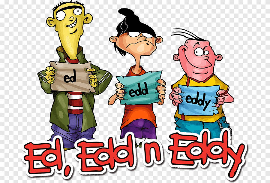 Ed Edd Eddy 名牌標籤 壁紙 — 三個卡通男孩舉著名牌，站在以粗體紅色字體顯示的節目名稱上方。
