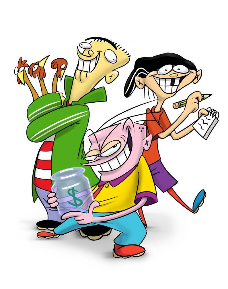 Ed Edd Eddy 手持物品 壁紙 — 三個卡通人物咧嘴大笑，一個拿著一罐錢，另一個抱著雞，第三個用鉛筆畫草圖。