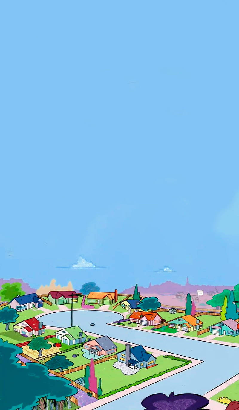 Ed Edd Eddy 社區 壁紙 — 一個明亮的卡通郊區社區，擁有色彩繽紛的房屋和蜿蜒的道路，在廣闊的清澈藍天下。