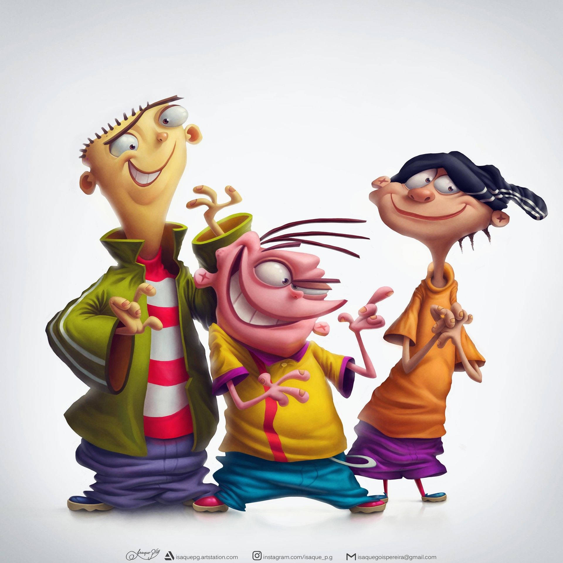 Ed Edd Eddy 藝術風格 壁紙 — 三個卡通朋友表情誇張、服裝色彩繽紛，在純白色背景前開心地擺姿勢。