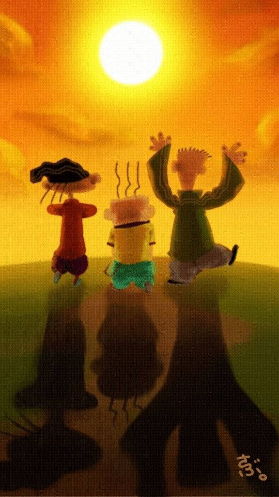 Ed Edd Eddy 觀賞夕陽 壁紙 — 三個卡通小孩喺金色日落時分，喺草地山坡上開心咁向住一個巨型太陽伸展。