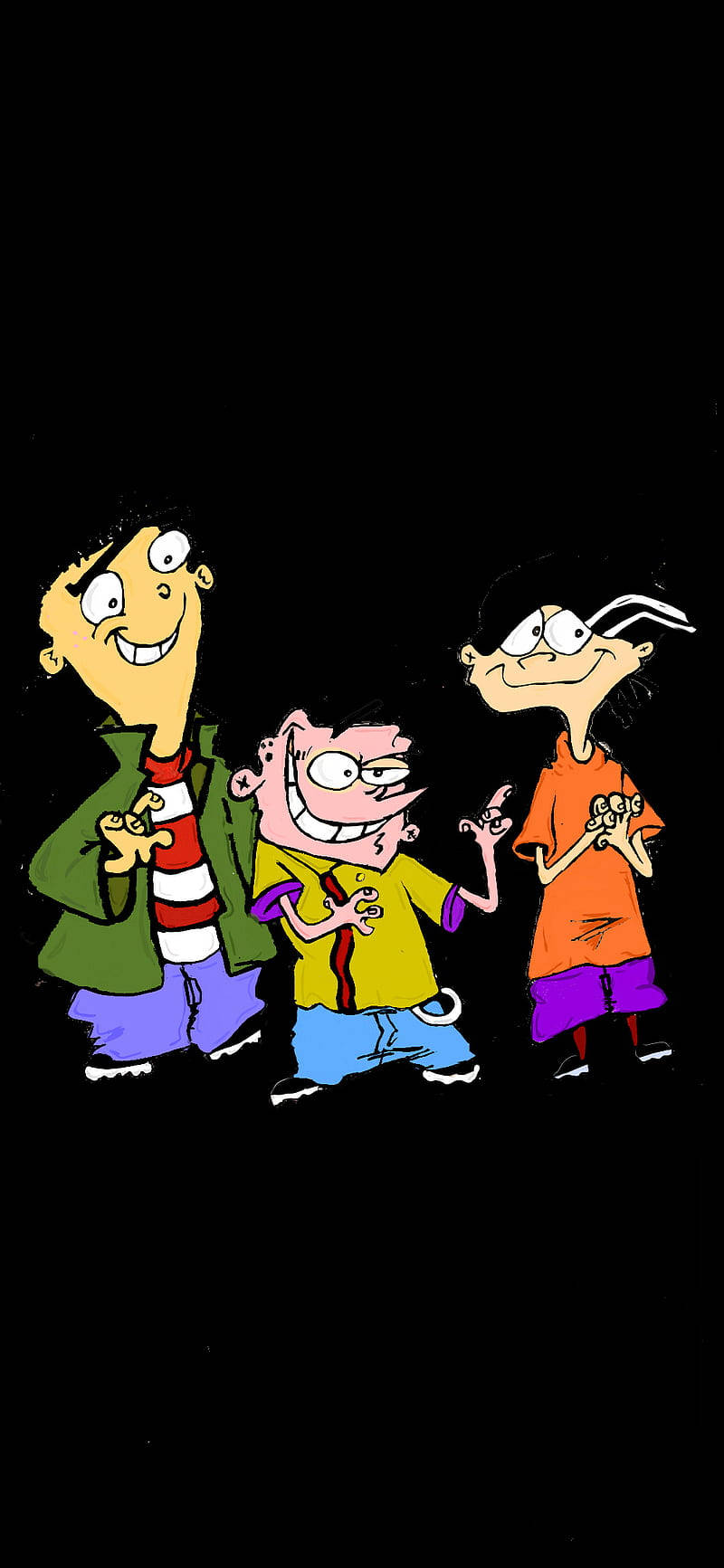 Ed Edd Eddy 黑色背景肖像 壁紙 — 三個卡通小孩，表情誇張，穿著色彩繽紛的服裝，站在黑色背景前。