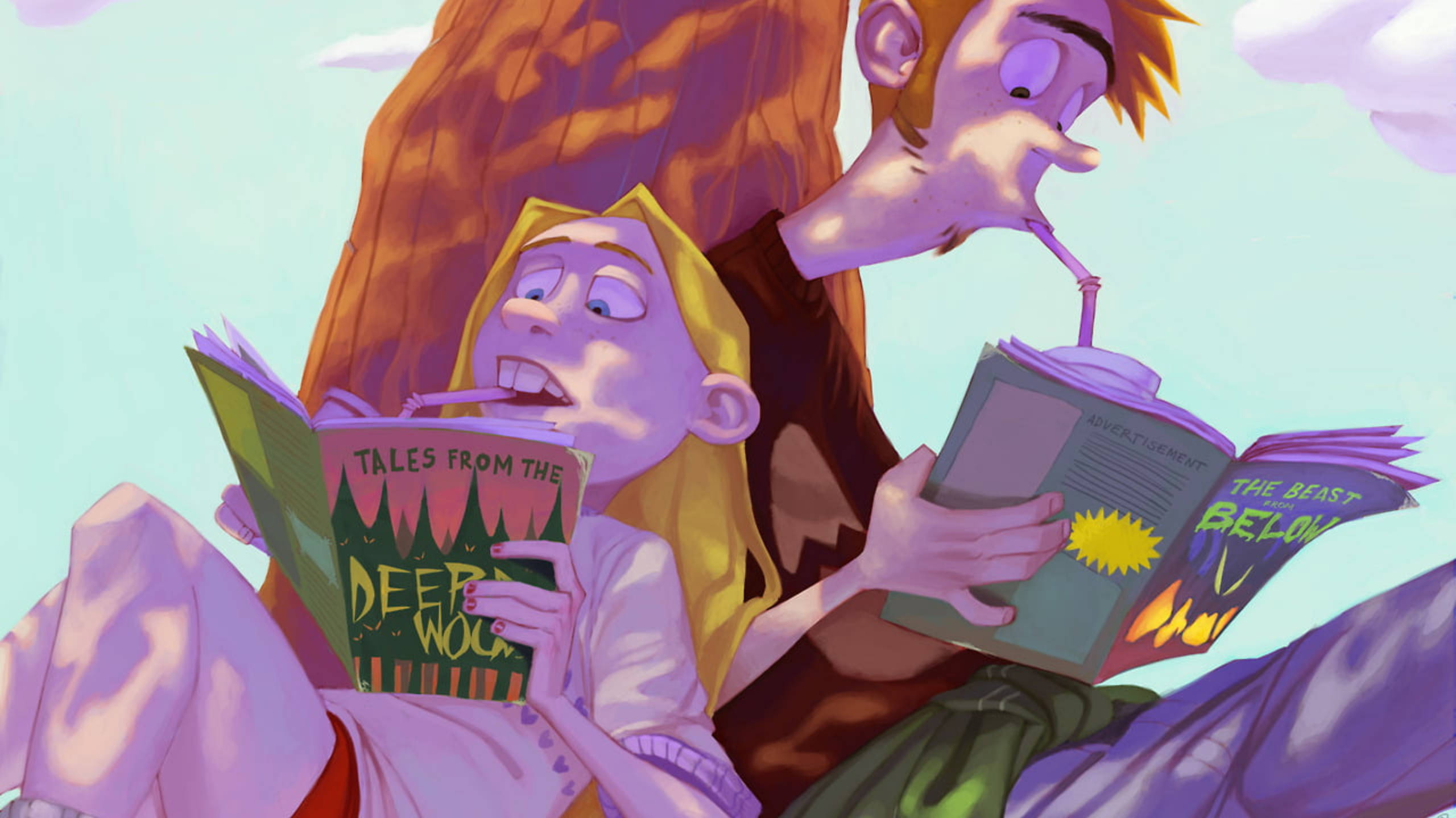 《Ed, Edd n Eddy》愛德與梅的夏日讀書約會 壁紙 — 兩個卡通角色喺巨大樹枝上放鬆，喺柔和天空下閱讀恐怖書籍。