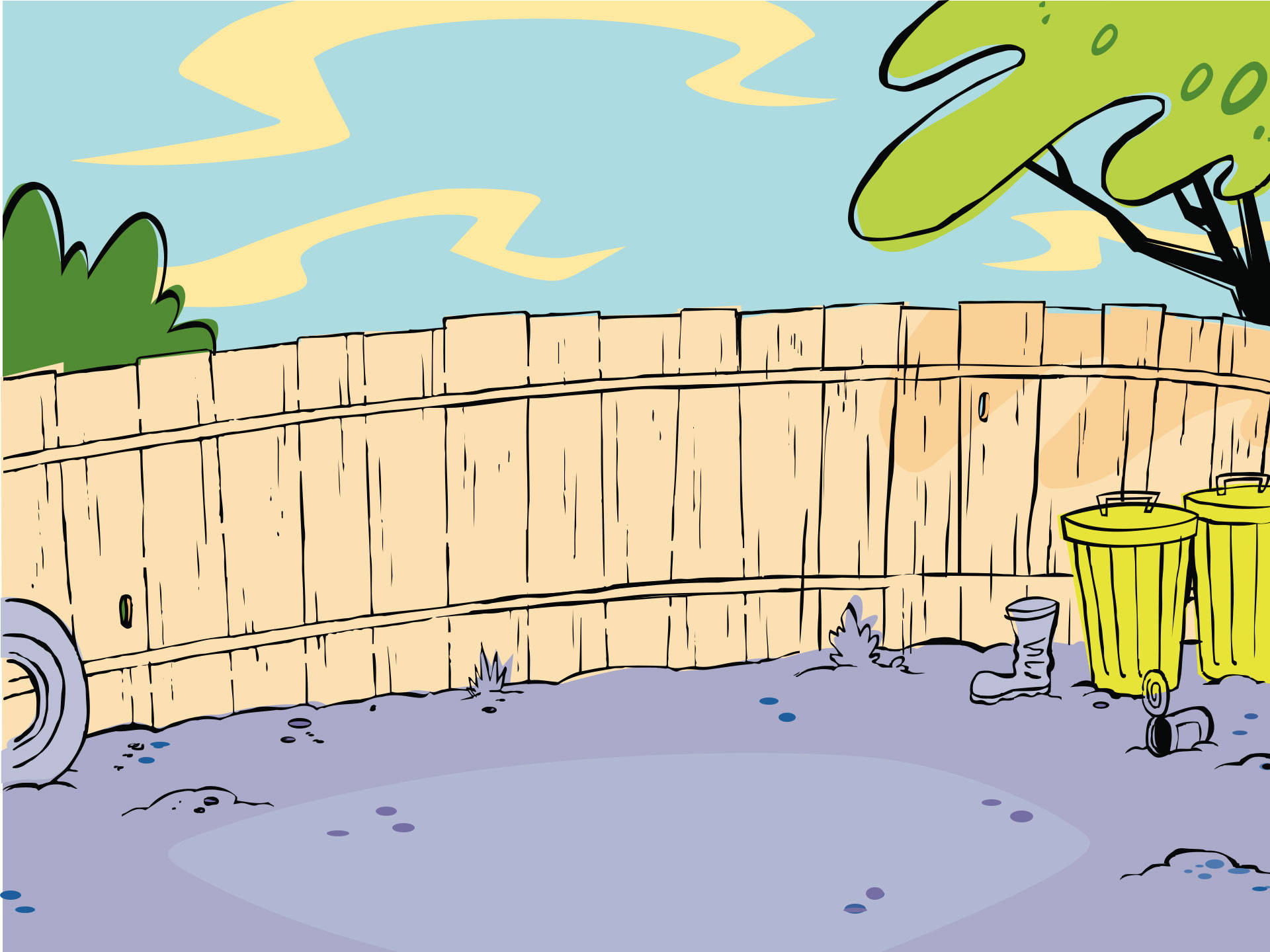 Ed Edd n Eddy 卡通圍欄 壁紙 — 一個卡通後院，有木柵欄、黃色垃圾桶和一棵樹，藍天下有黃色雲朵。