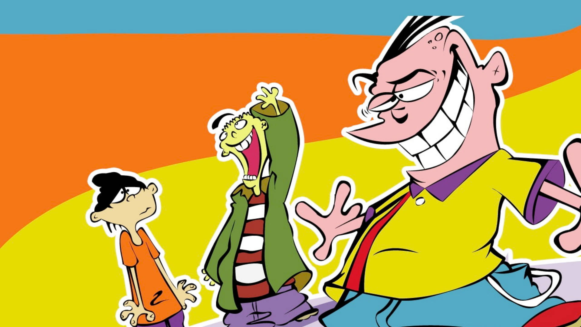 《Ed, Edd n Eddy》迷幻風格海報 壁紙 — 三個表情誇張的卡通角色站在充滿活力的漸變背景前。