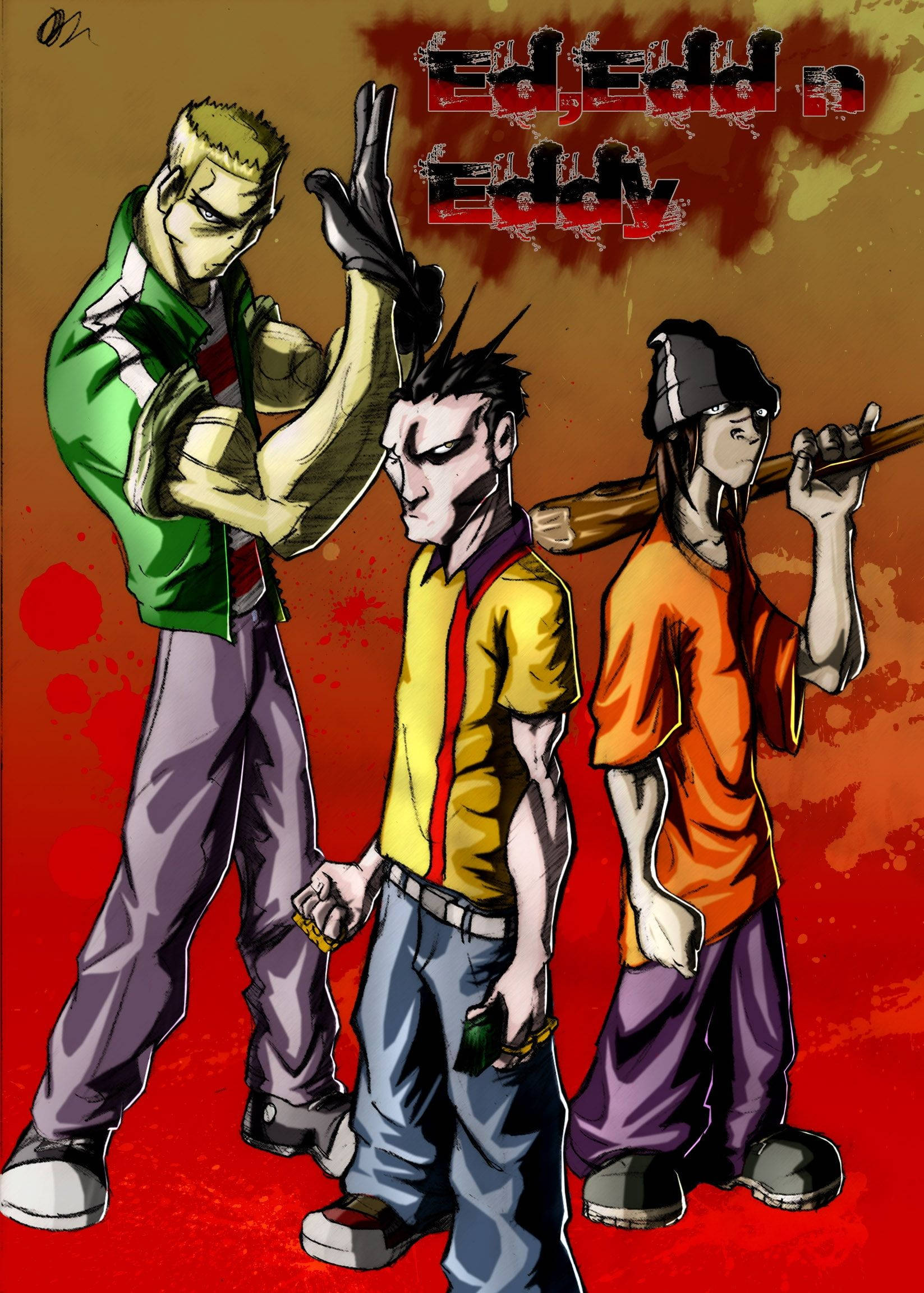 Ed Edd N Eddy 街頭幫派風壁紙 壁紙 — 三個前衛動漫風格青少年挑釁地站在火紅和棕色潑濺背景前，帶有塗鴉文字。