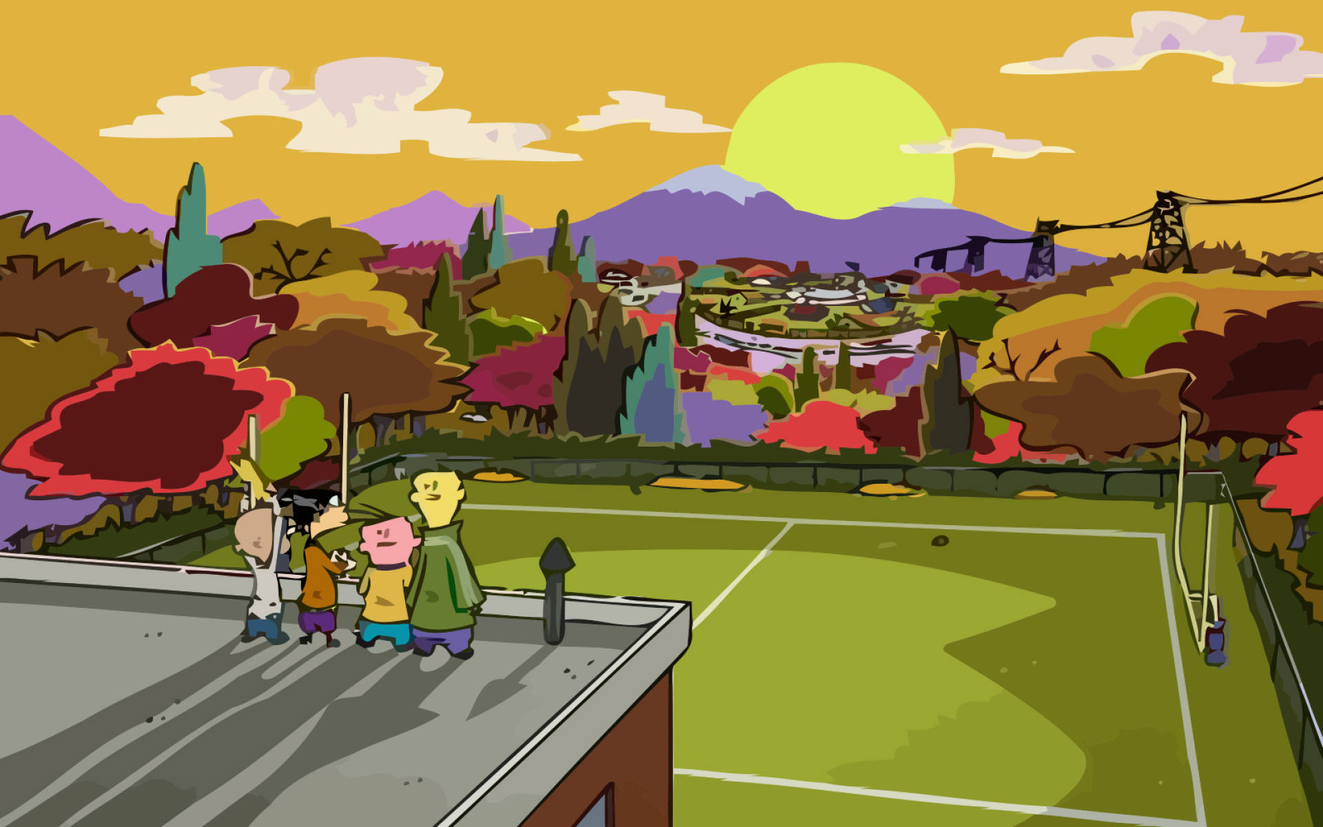 Ed Edd N Eddy 日落觀景壁紙 壁紙 — 三個卡通小孩站在屋頂上，俯瞰著日落時分色彩繽紛的郊區景觀，有山脈和電線。