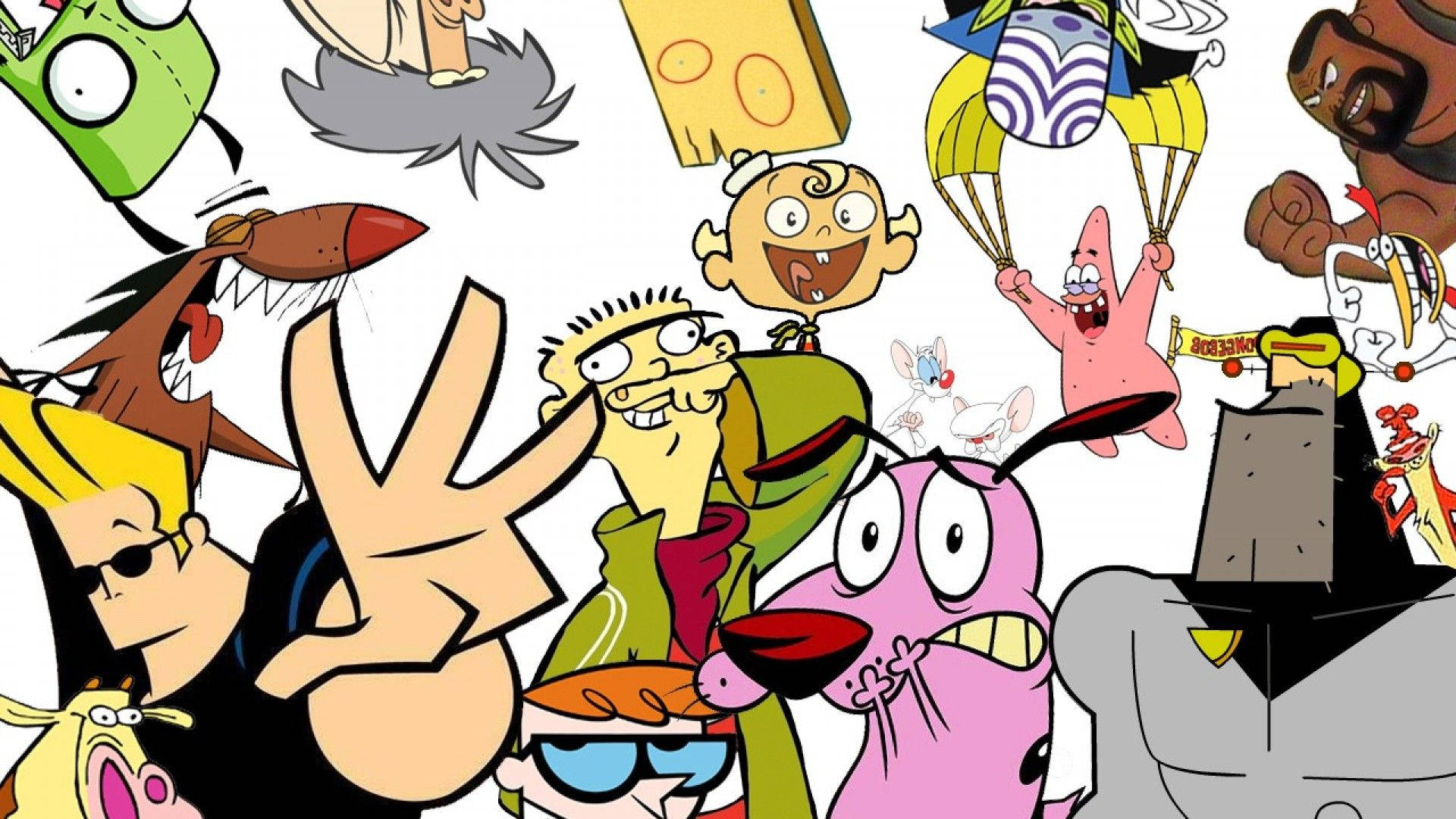 《Ed, Edd n Eddy》卡通頻道經典角色 壁紙 — 一個混亂的拼貼畫，由色彩鮮豔的動畫卡通角色在白色背景前充滿活力地擺姿勢組成。