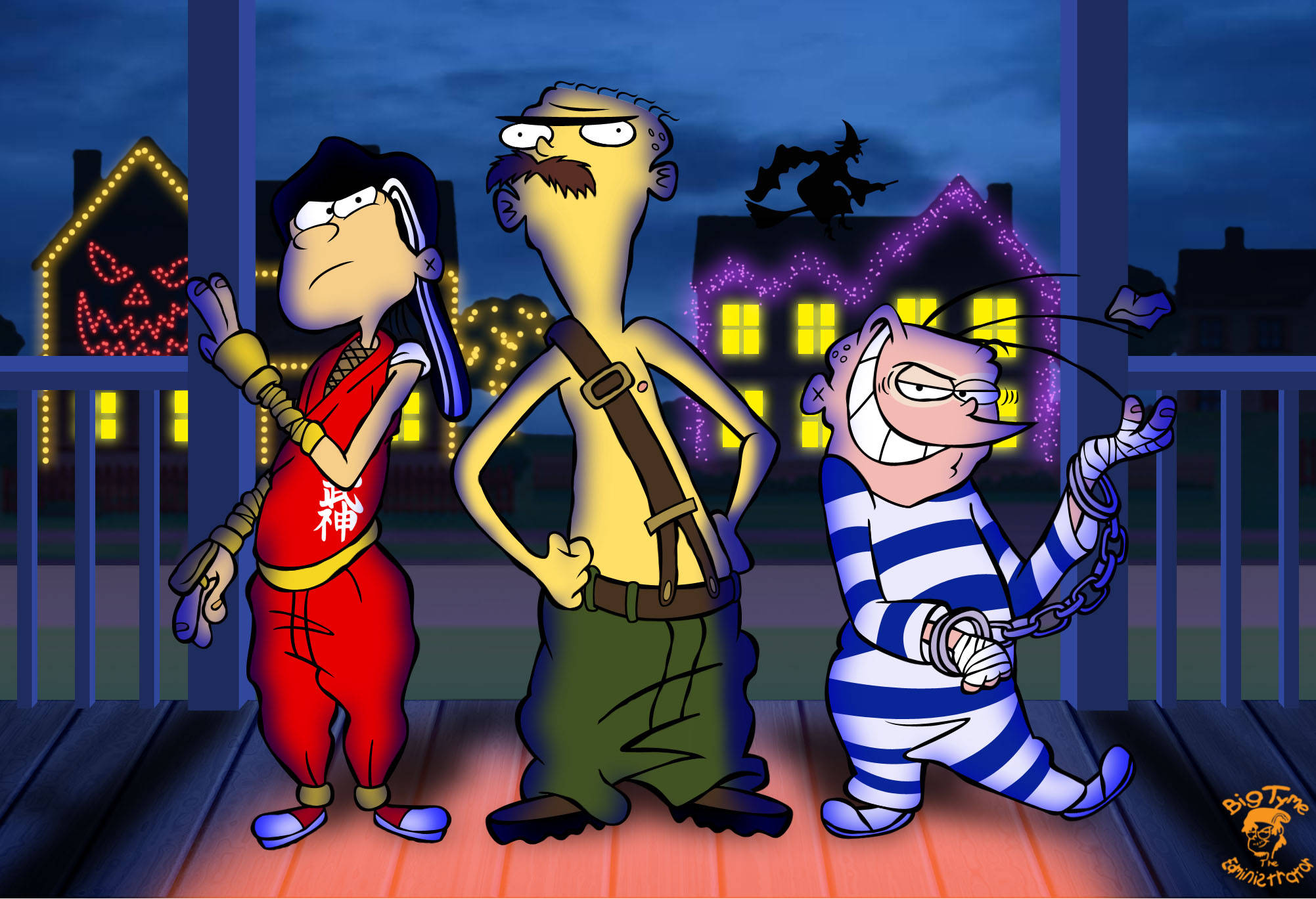 Ed Edd N Eddy 万聖節派對 壁紙 — 三個穿著萬聖節服裝的卡通人物站在門廊上，背景有陰森的房子和飛行的女巫。