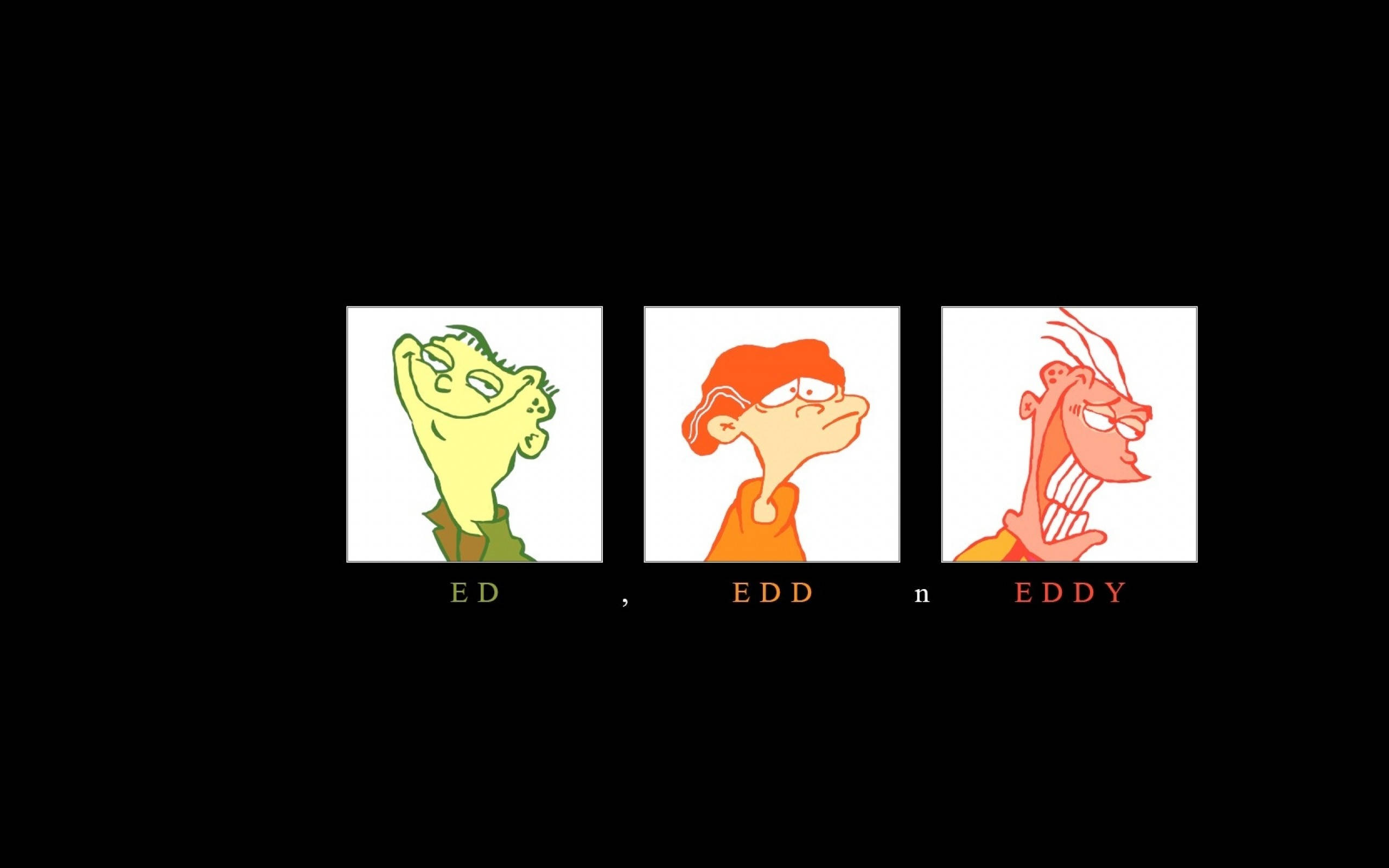 Ed Edd N Eddy 三人組拼貼 壁紙 — 三個卡通男孩以誇張的表情出現在黑色背景上的白色方框中，下方有他們的名字。