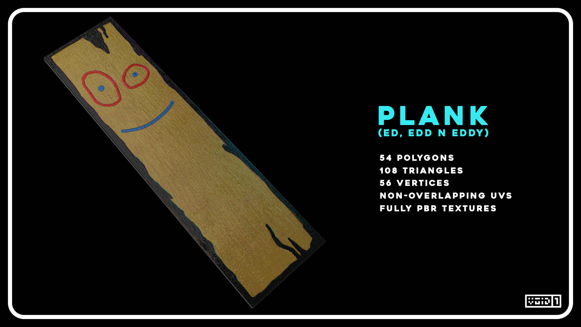Ed Edd N Eddy 中的 Plank 壁紙 — 一塊卡通風格嘅木板，有紅色邊框嘅眼睛同藍色嘅笑容，背景係黑色，帶有3D渲染規格。