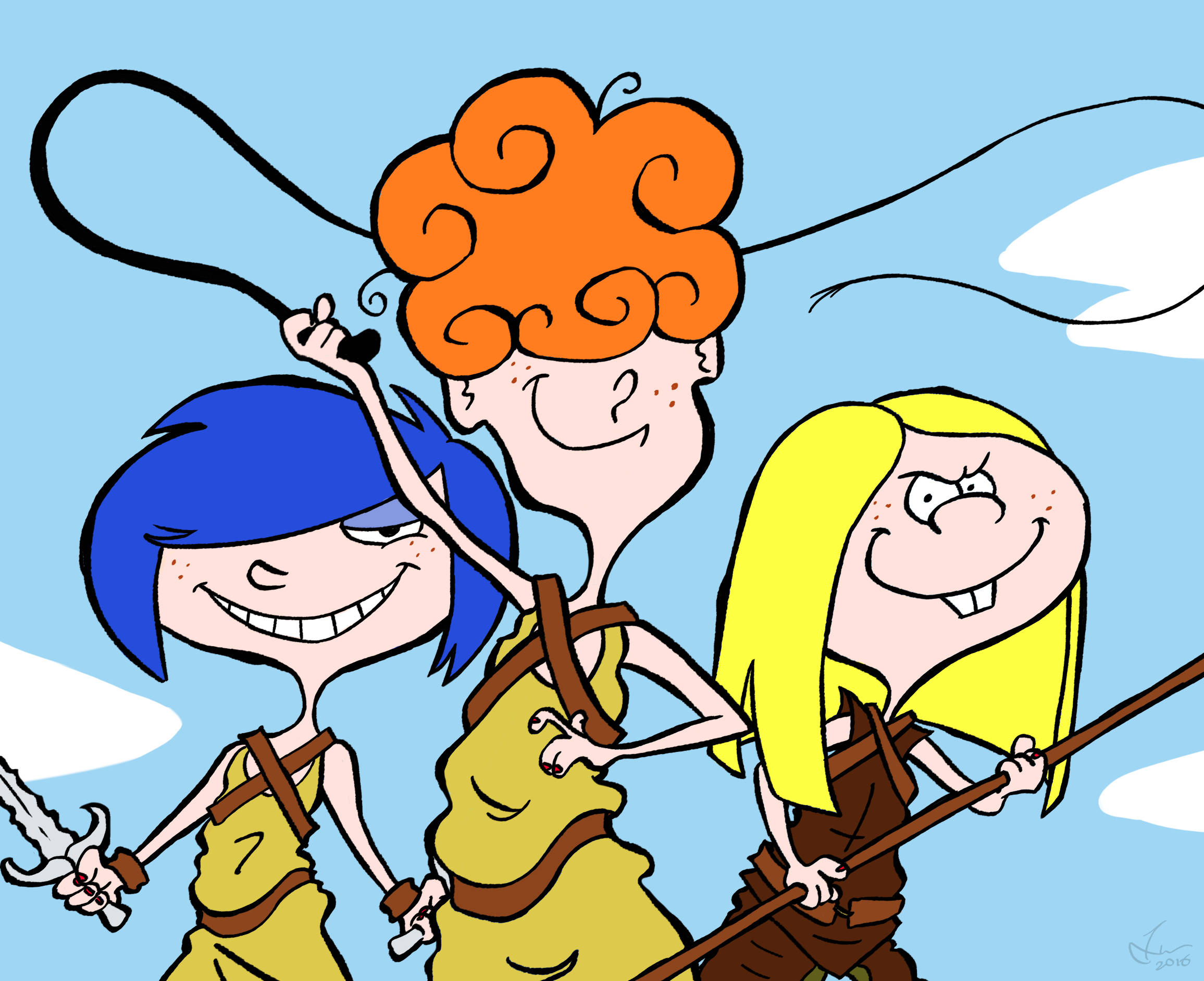 《Ed, Edd n Eddy》中的坎克姐妹 壁紙 — 三位擁有鮮豔髮色的卡通冒險家，在晴朗的藍天下以玩樂的能量揮舞武器。