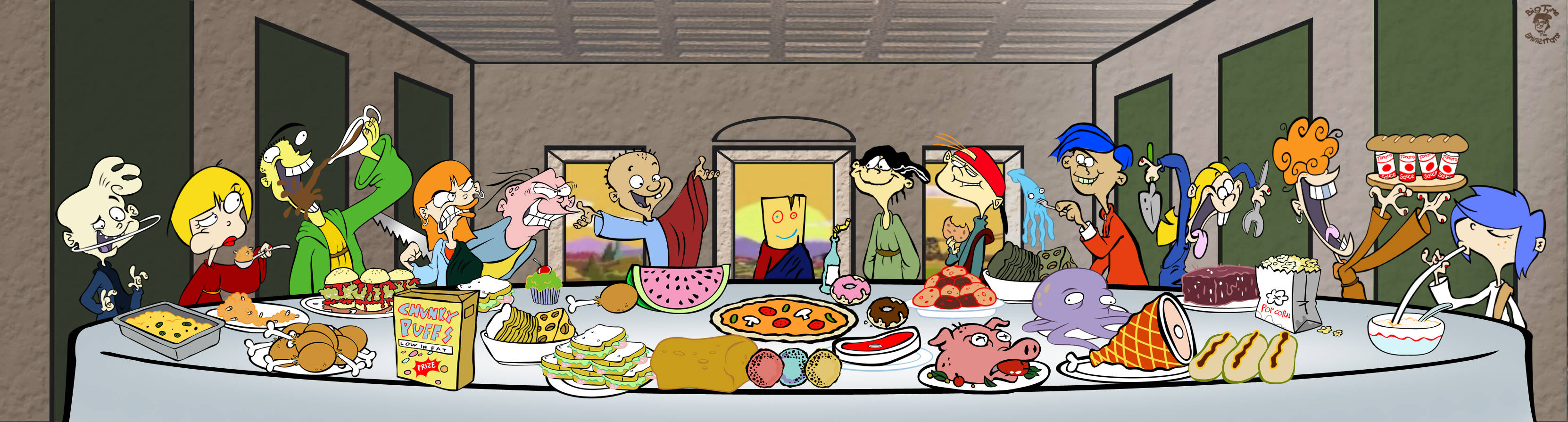 《Ed, Edd n Eddy》之《最後的晚餐》惡搞版 壁紙 — 卡通角色喺昏暗嘅房間入面，喺一張擺滿薄餅、熱狗同甜品嘅長枱上狂歡。