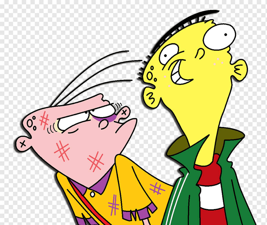 《Ed, Edd n Eddy》動畫中的活潑瞬間 壁紙 — 兩個卡通角色對峙，一個在粉紅色皮膚上有憤怒的紅色交叉線，另一個咧嘴大笑，有尖尖的黃色頭髮。