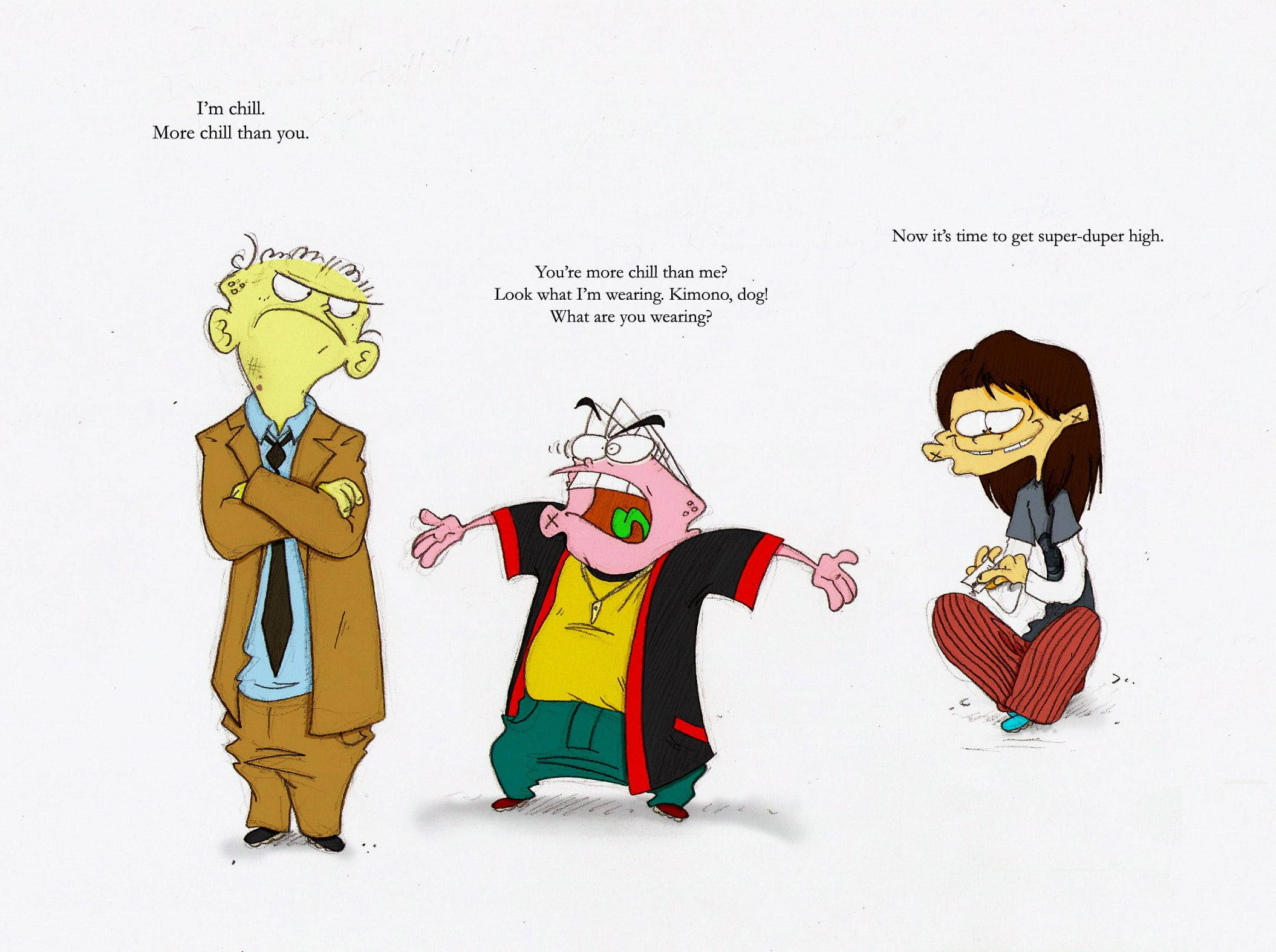 《Ed, Edd n Eddy》成年版角色 壁紙 — 三個卡通角色用誇張表情和對話氣泡爭論誰更「冷靜」。