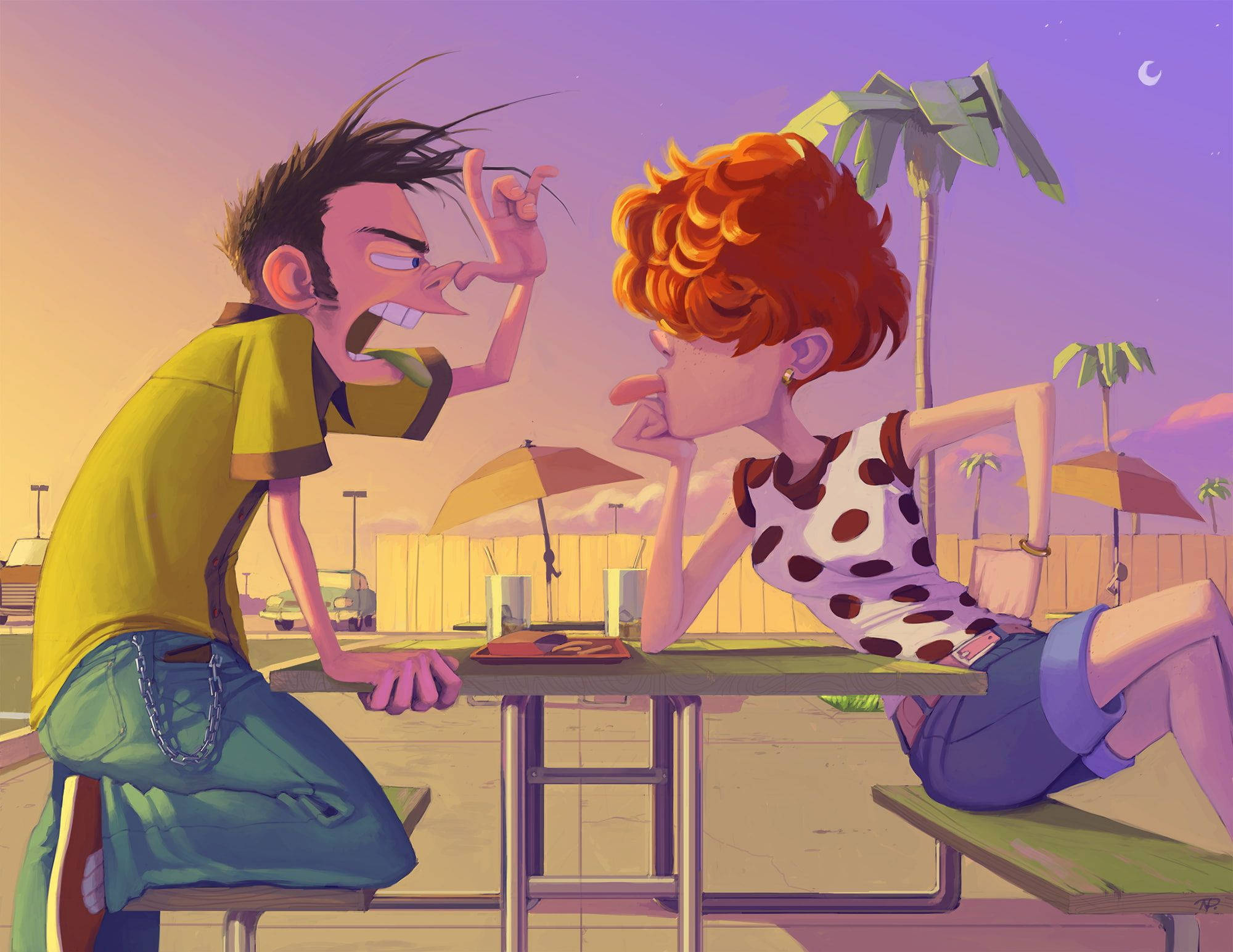 《Ed, Edd n Eddy》李與愛迪情侶風 壁紙 — 兩個卡通角色在紫色日落天空下，棕櫚樹和彎月旁，在一張桌子上爭論。