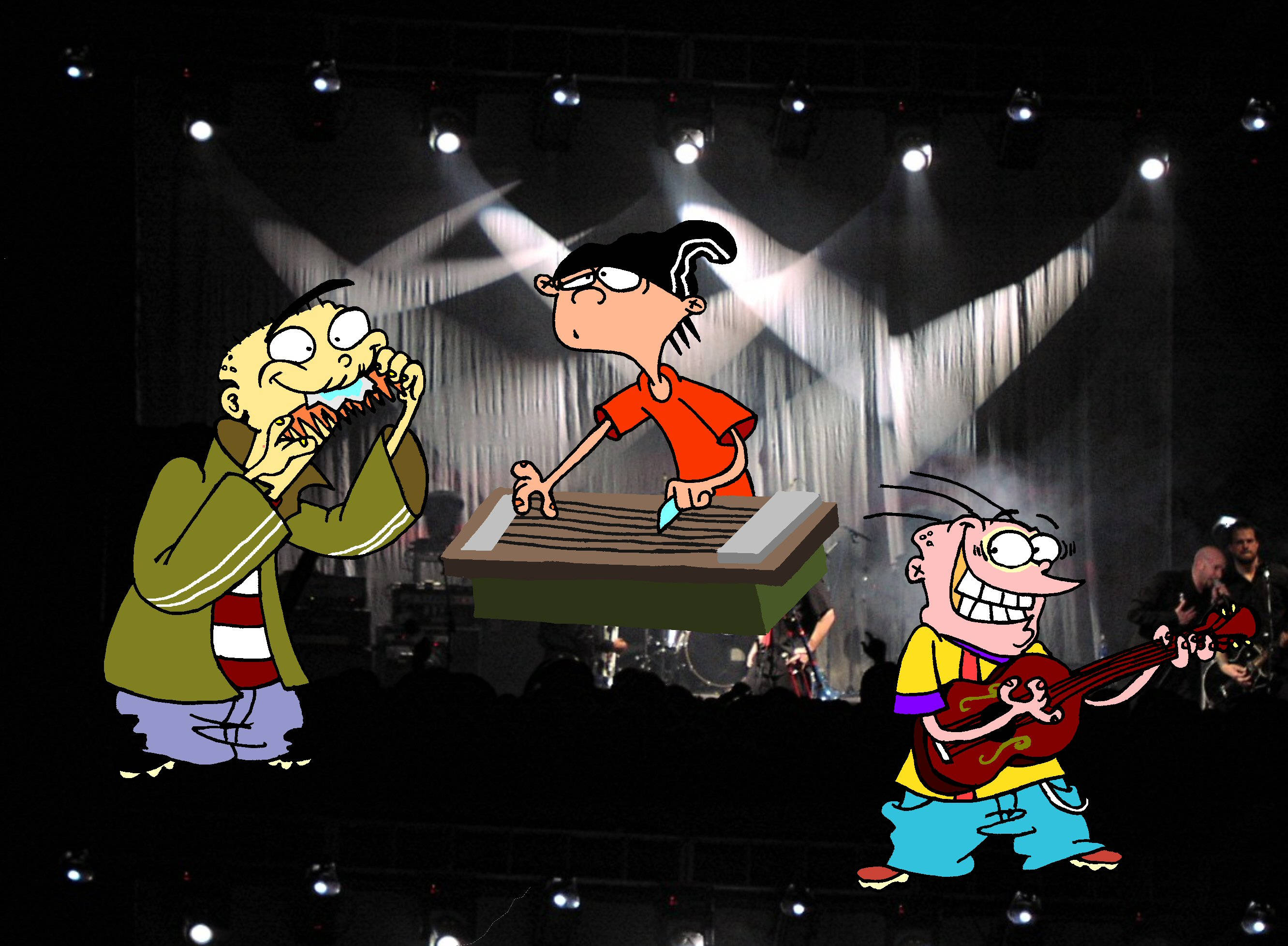 Ed Edd N Eddy 樂隊 壁紙 — 卡通樂隊在有聚光燈和黑暗人群的明亮舞台上演奏。