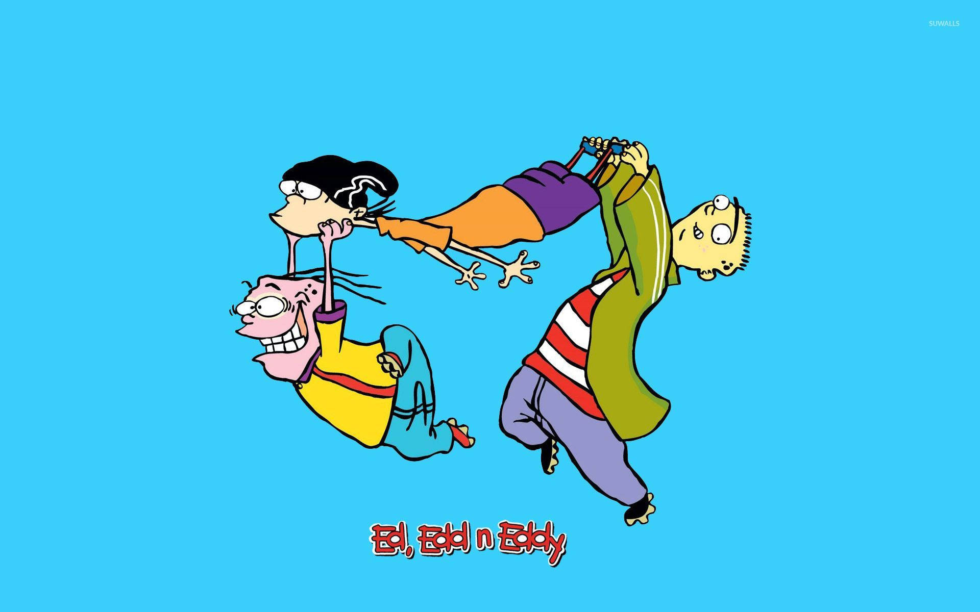 Ed Edd N Eddy 獨特海報 壁紙 — 三個卡通小孩在純藍色背景前空中混亂，表情誇張有趣。