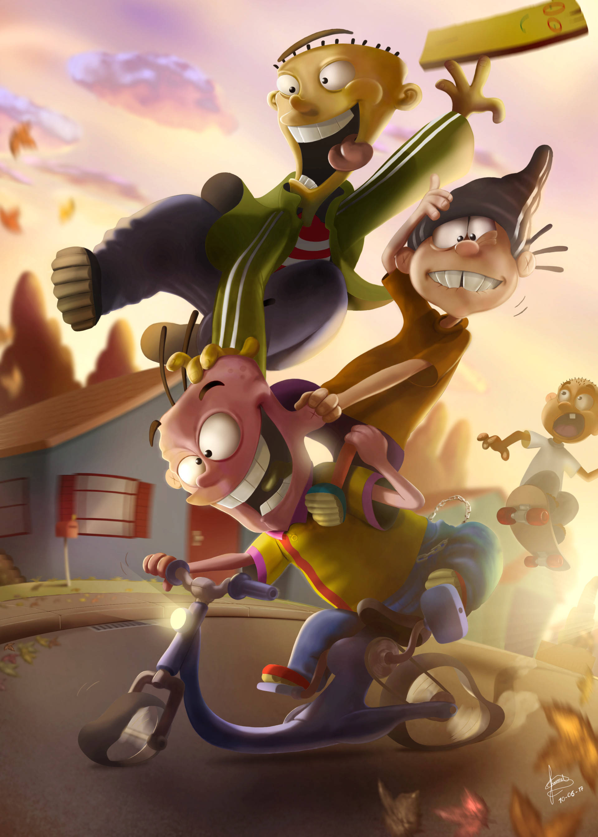 Ed Edd N Eddy 玩耍藝術 壁紙 — 三個卡通小孩開心咁疊喺一架滑板車上，喺日落時分嘅郊區街道飛馳。