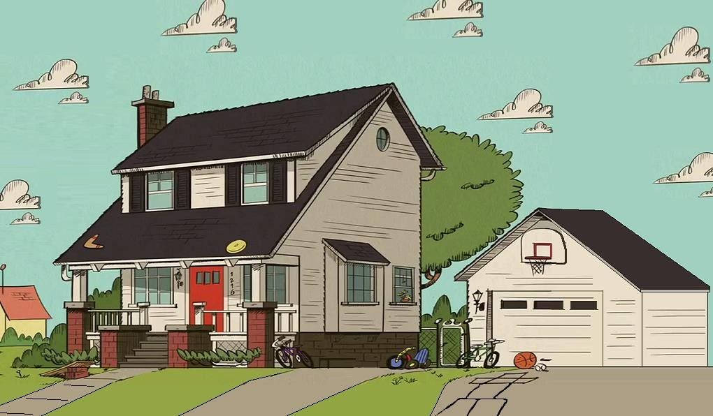 Ed Edd n Eddy 的房屋 壁紙 — 一間迷人的卡通風格郊區房屋，帶有紅色門和車庫籃球架，在青綠色天空和蓬鬆雲朵下。