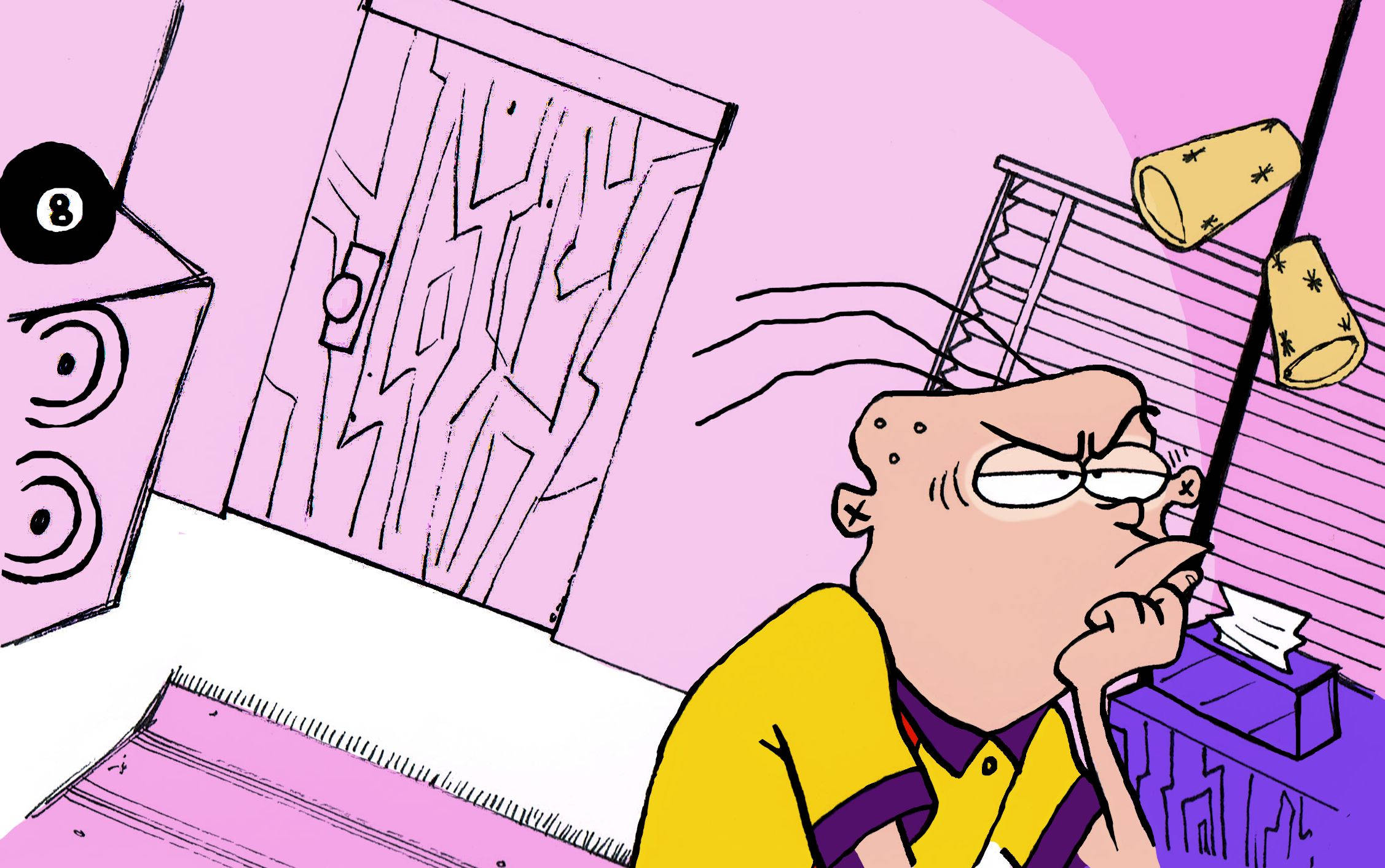 Ed Edd N Eddy 的領袖 Eddy 壁紙 — 一個憤怒的卡通男人穿著黃色襯衫坐在書桌前，附近有飛舞的杯子和一個桌球，房間是粉紅色的。