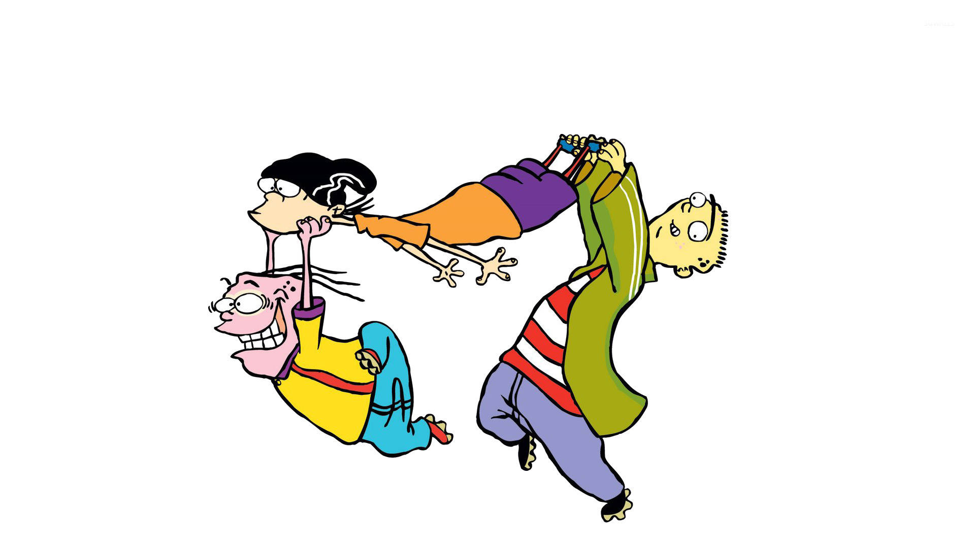 Ed Edd N Eddy 簡約海報壁紙 壁紙 — 三個穿著色彩繽紛衣服的卡通小孩在白色背景上半空中嬉戲地摔角和拉扯對方。