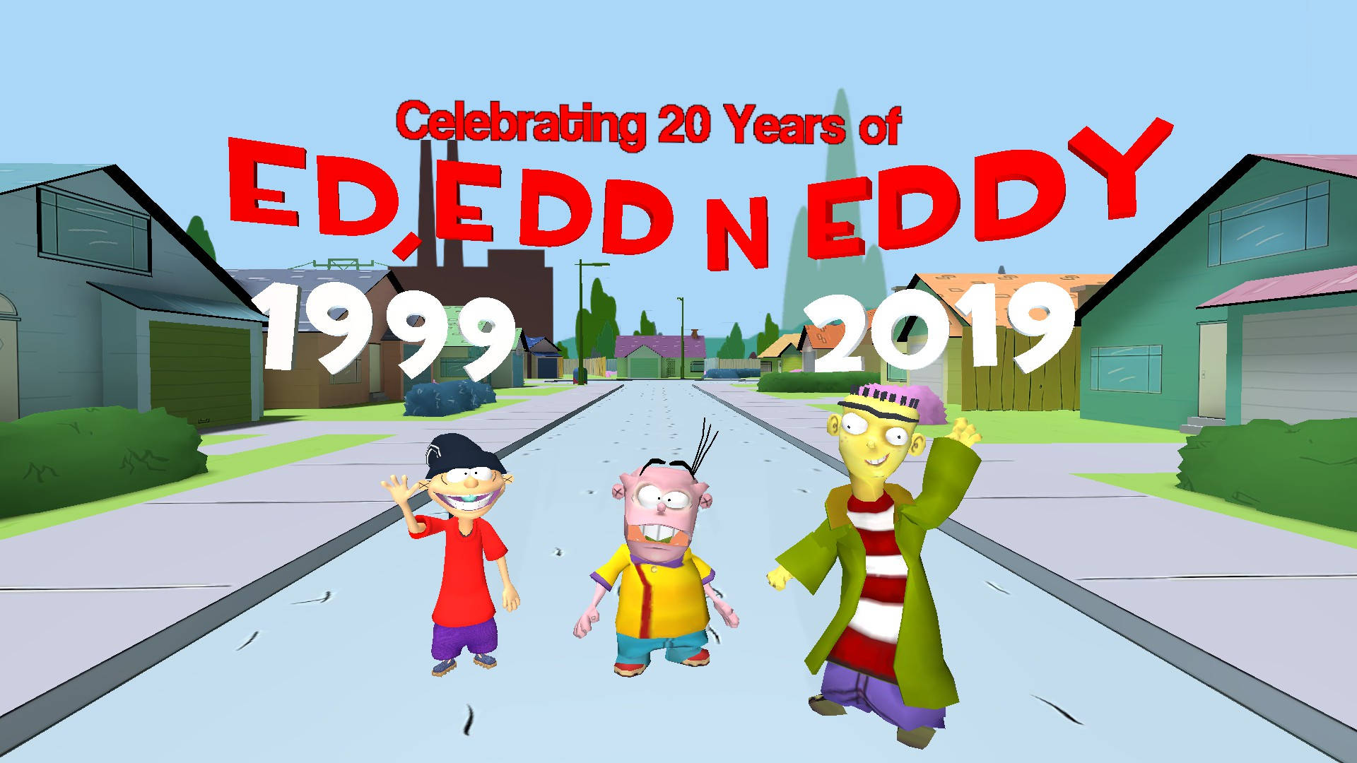 《Ed, Edd n Eddy》遊戲紀念版 壁紙 — 三個卡通男孩在晴朗的藍天下沿著郊區街道愉快地揮手，慶祝 Ed Edd n Eddy 20 週年。