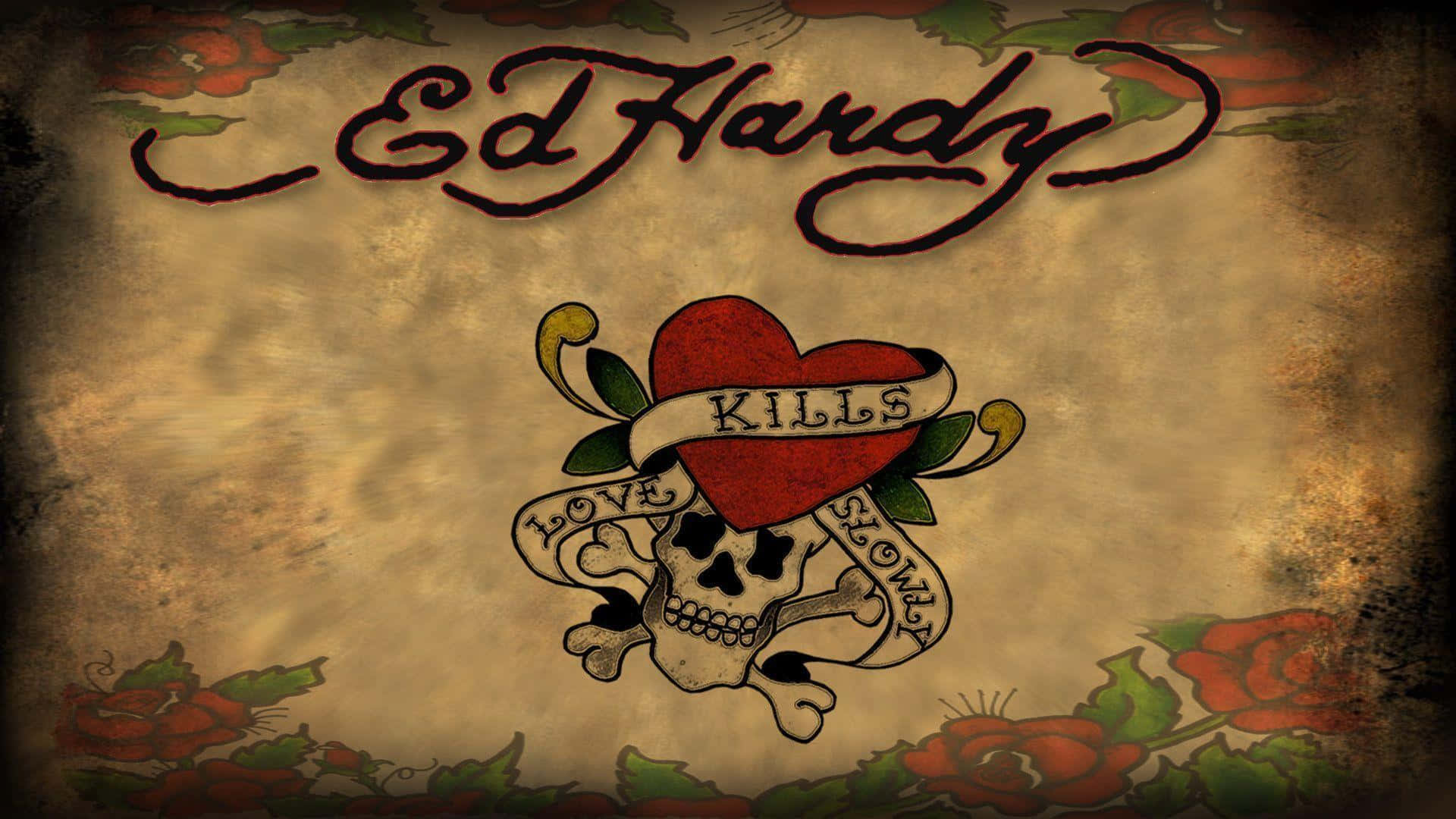 Ed Hardy 愛心標誌 壁紙 — 復古紋身藝術，在舊羊皮紙上呈現骷髏頭、紅心與玫瑰。