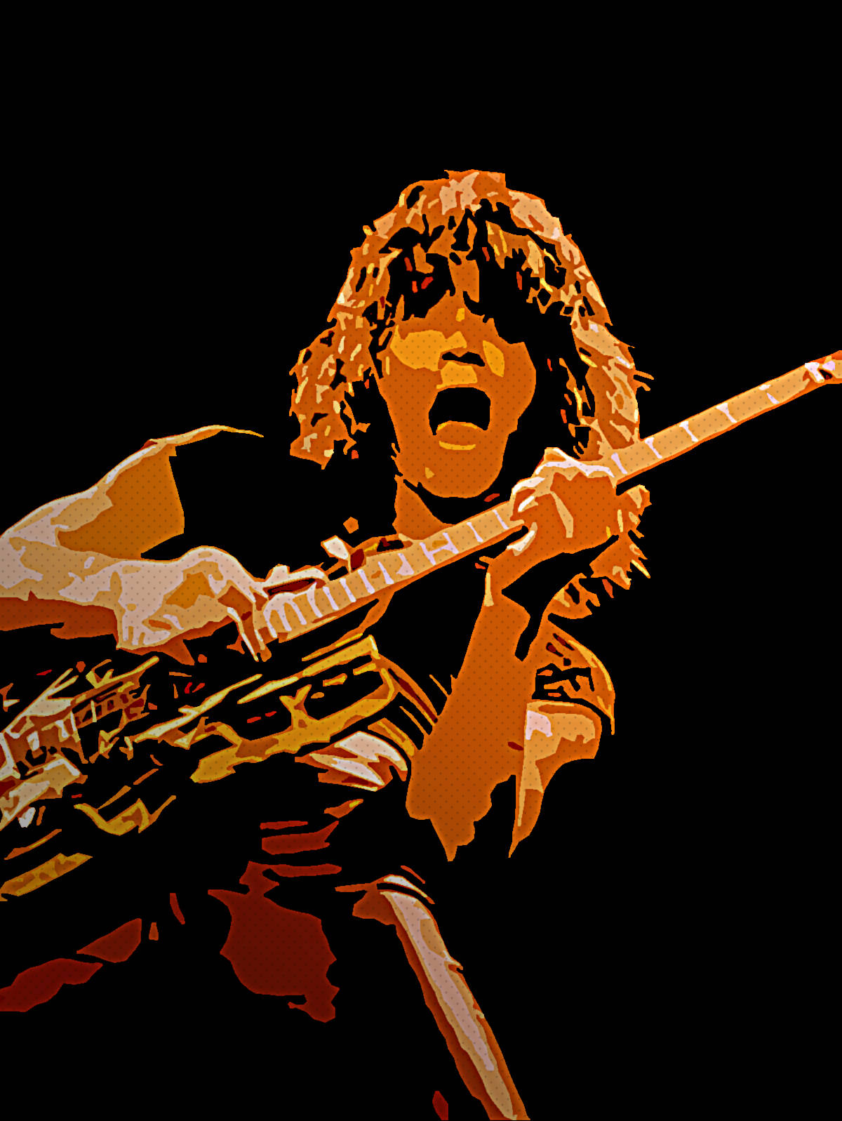 Eddie Van Halen 樂隊 創意復古風格 壁紙 — 一個風格化的結他手，捲曲頭髮，在黑色背景前熱情地彈奏電結他。
