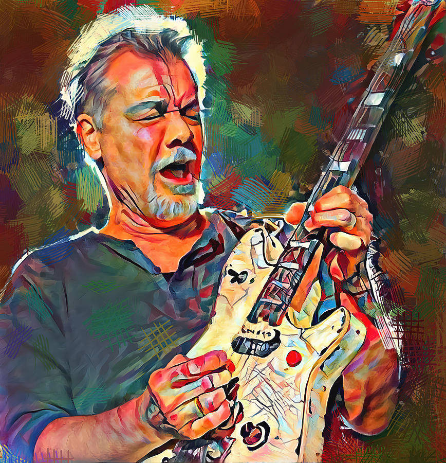 Eddie Van Halen 創意藝術作品 壁紙 — 一位熱情的音樂家留著白鬍子，在充滿活力的抽象筆觸下，以強烈的表情彈奏白色電結他。